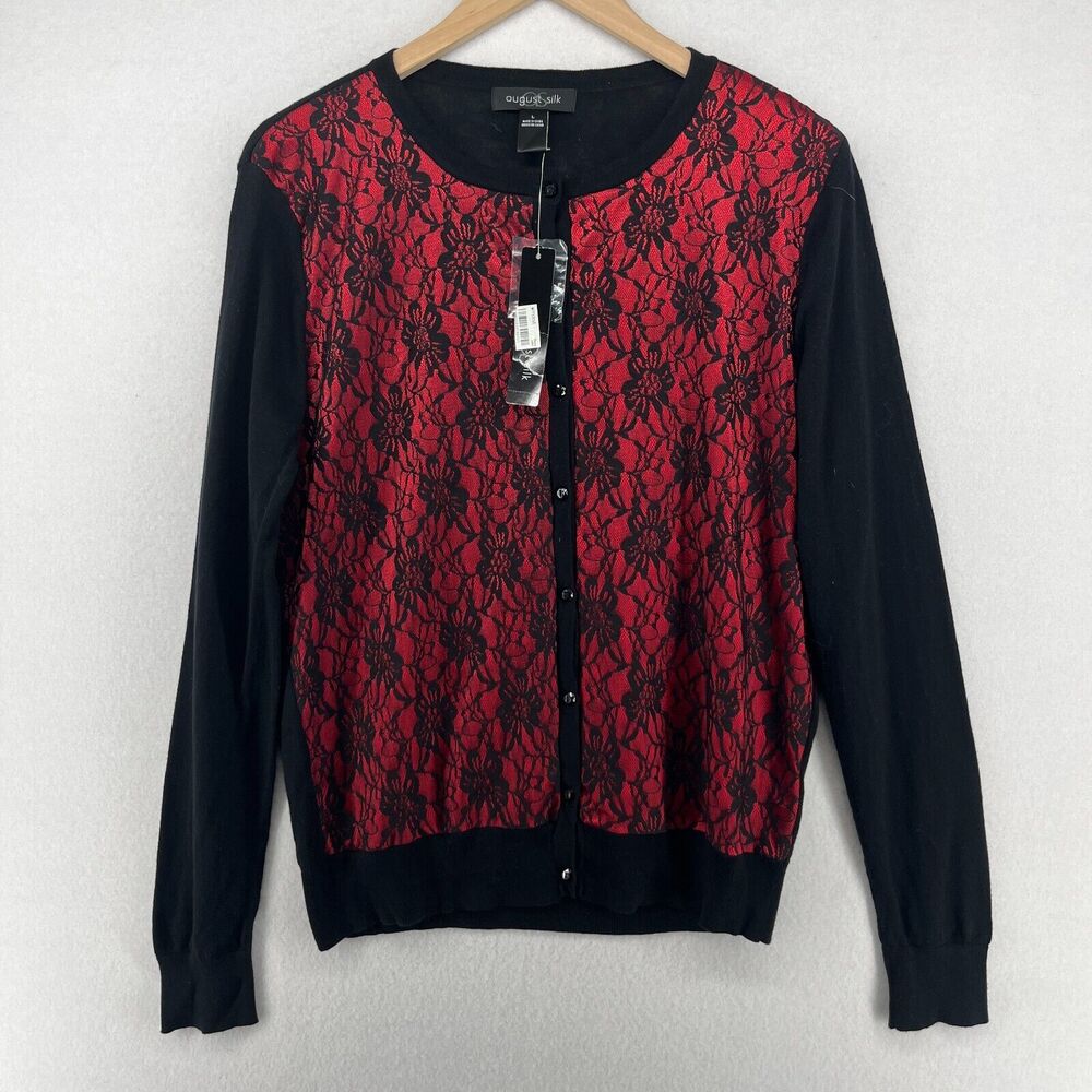 AUGUST SILK Sweater Womens L Overlay Floral Lace Button Up Cardigan Black NEW